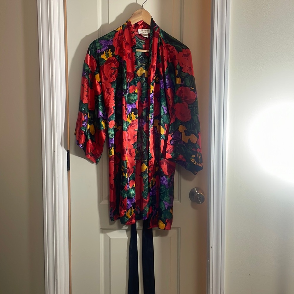 Vintage Victoria's Secret Robe Womens Floral Kimono Satin Gold Label Size Small